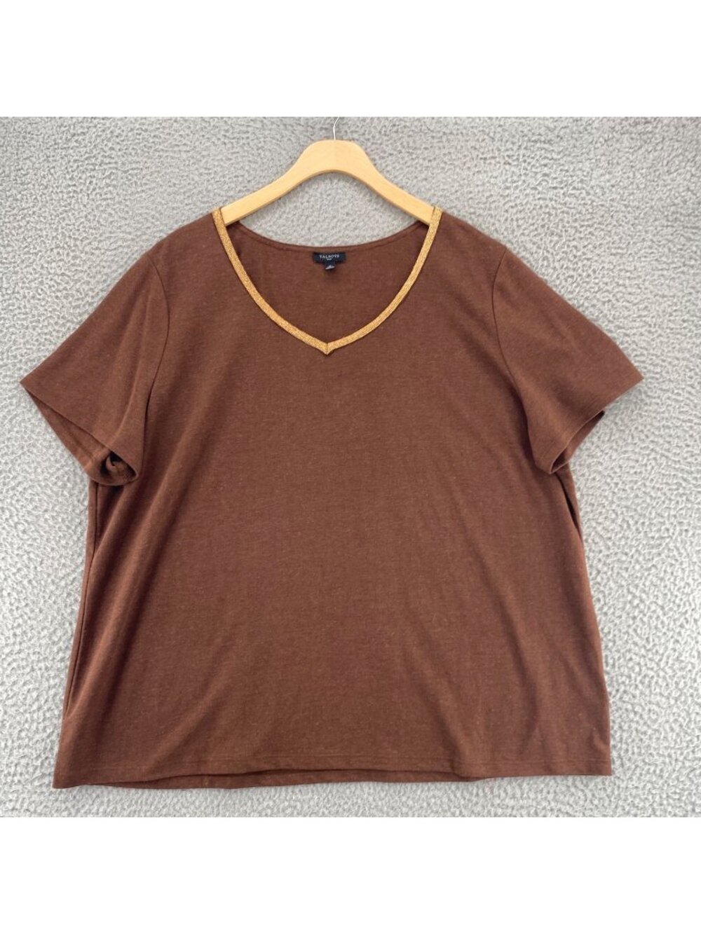 Talbots Top Womens 2X Brown Linen Blend Knit Tee Beaded Gold V Neck Short Sleeve